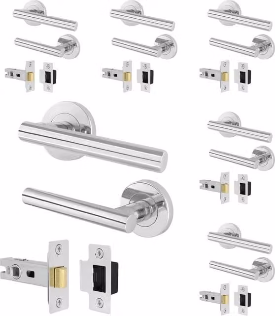 AFIT Olvera Range Chrome T-Bar Door Handles with Round Rose and Latch, 6 Pairs, Silver, W/D/H: 15 x 15 cm