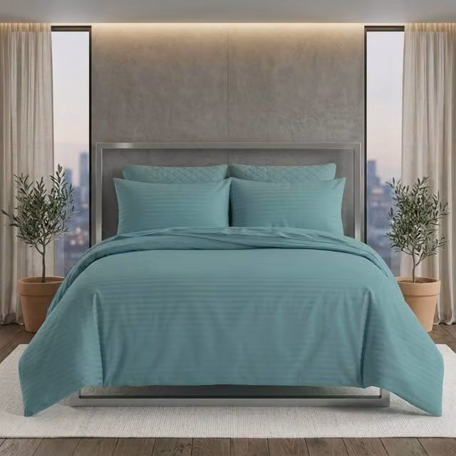 Snug City Luxury Mako Satin Stripe Cotton Rich Duvet Cover Set in Blue and Turquoise, W/D/H: 140 x 200 cm