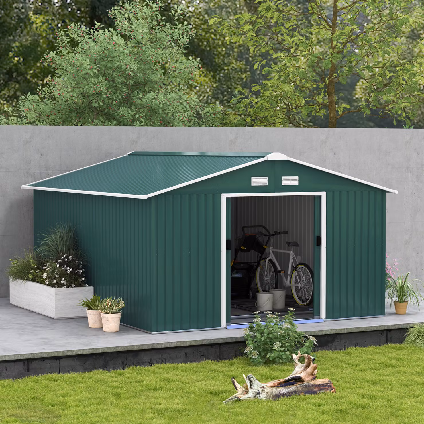 Outsunny Green Galvanised Steel Pent Storage Shed with Double Sliding Doors, W: 332.0 cm, D: 200.0 cm – 2