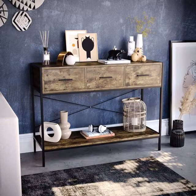 Vida Designs Brooklyn 3 Drawer Industrial Console Table in Brown and Grey Wood and Metal