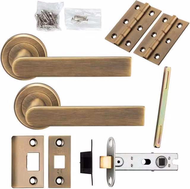Loops Antique Brass Rectangular Lever Door Handle and Latch Pack with Screwless Round Rose – 1