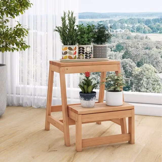 COSTWAY 2-Tier Folding Step Stool in Brown Lacquered Wood