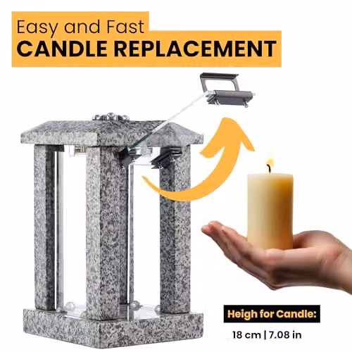 NOVECRAFTO Large Square Granite Candle Lantern with Floral Decor in Grey Stone, H 32 cm – 4