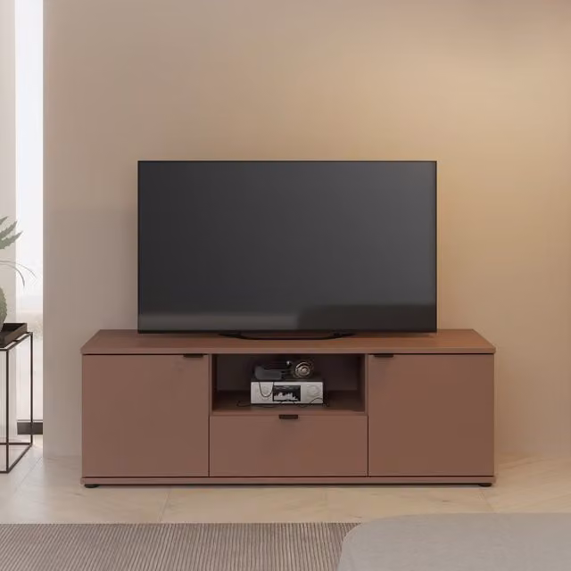 Furniture To Go Ganymede Wide Modern TV Unit with Open Shelf, Drawer and 2 Doors in Orange and Grey – 1