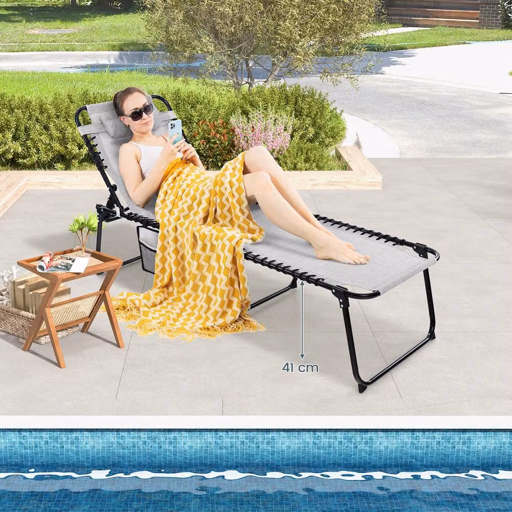 Costway Grey Folding Patio Chaise Lounge Chair with Adjustable Headrest and Textilene Fabric – 4