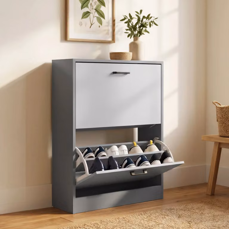 Modern Slim Shoe Storage Cabinet with 2 Tilting Compartments in Grey and Silver