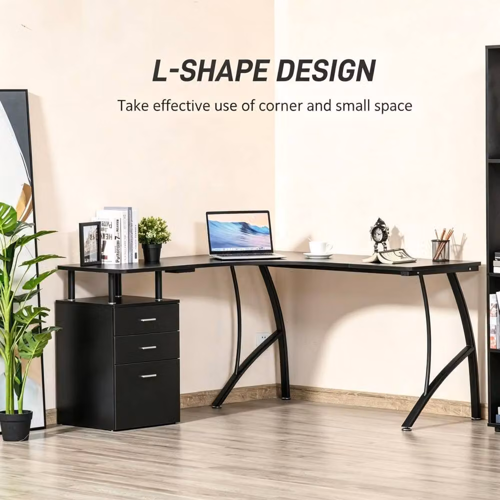 STILVORA L-Shaped Corner Desk with Single Pedestal in Black Matt Finish – 5