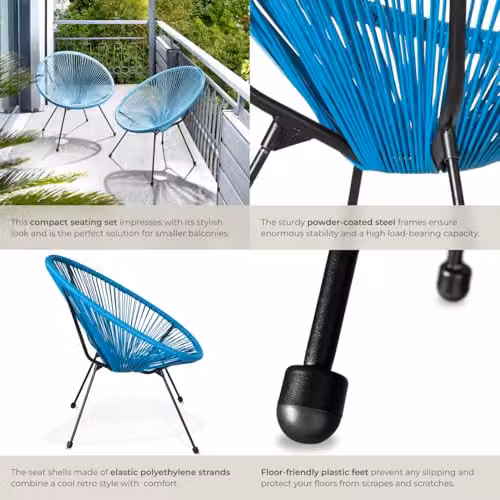 tectake Set of 2 Acapulco Garden Chairs in Blue with Retro String Design and Metal Frame – 5
