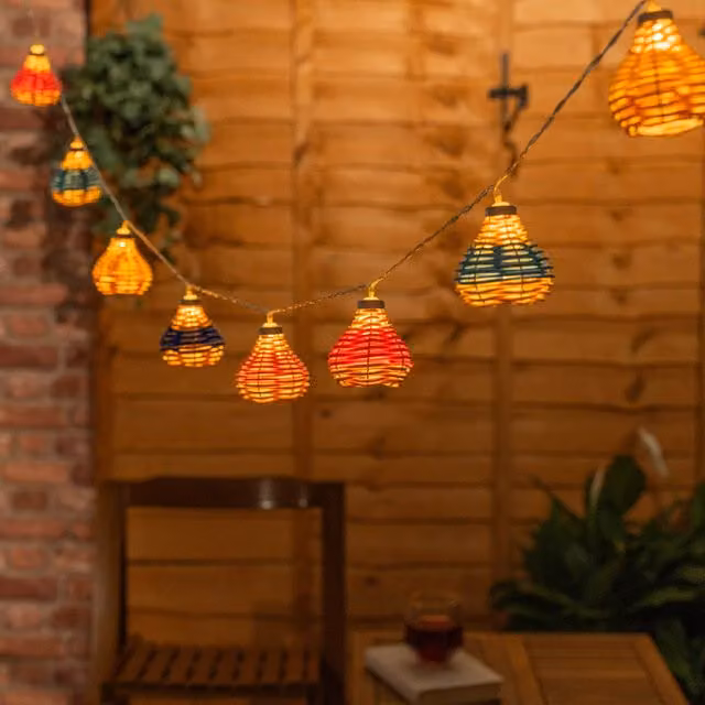ValueLights 10 x Battery Operated Outdoor Rattan Lantern String Lights in Multicolour Boho Style
