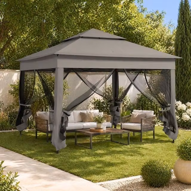 STILVORA Garden Gazebo in Grey with Net Curtains, W/D/H: 300 x 300 x 270 cm – 1