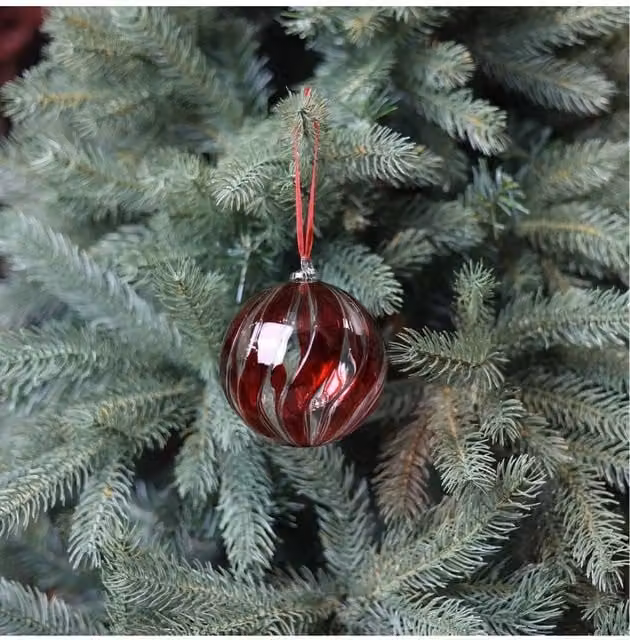 KDMD Red Glass Amaroso Striped Christmas Bauble, 2 Pack, Diameter: 9 cm