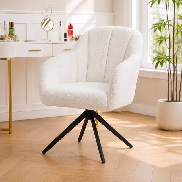 STILVORA White Bouclé Swivel Armchair with Metal Frame and Armrests