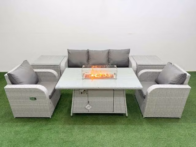 Fimous PE Rattan Garden Furniture Set in Light Grey with Reclining Chairs, Sofa, Firepit, Dining Table and 2 Side Tables