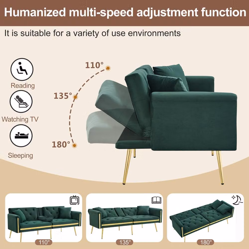 BTM Green Velvet Two Seater Sofa Bed with Adjustable Headrest and Cup Holders, W/D/H: 174 x 76 x 71.5 cm – 5