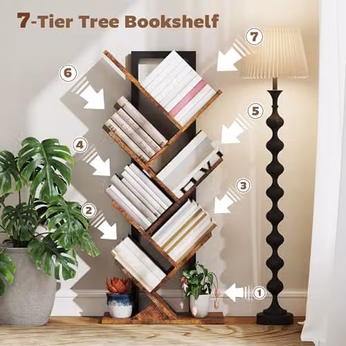 HOMCOM 7-Tier Tree Bookshelf with Industrial Steel Frame in Brown – 3