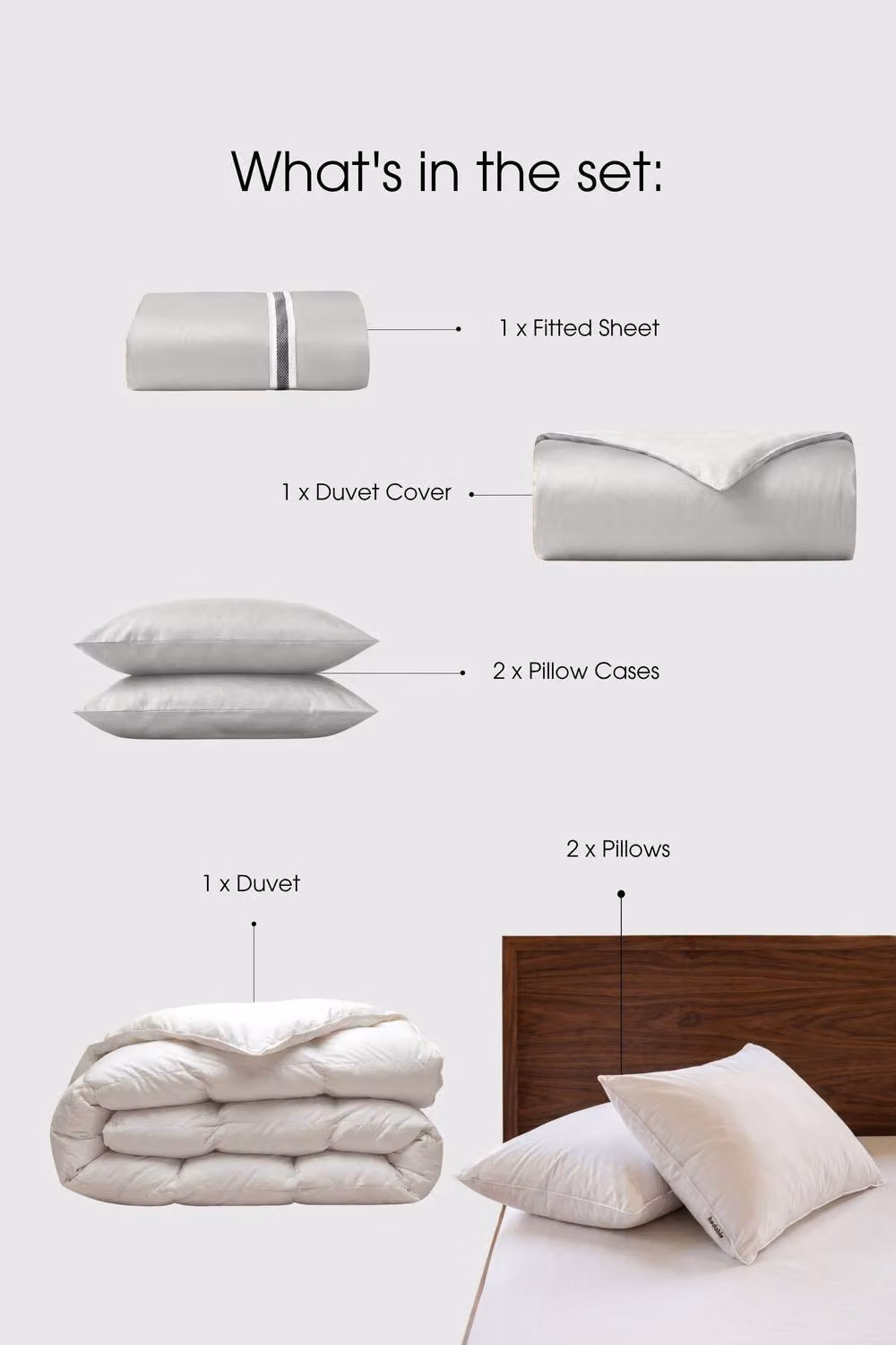 Bedable Grey 100% Cotton Sateen Bedding Bundle with 460 Thread Count Duvet Cover Set, Fitted Sheet, Duvet and 2 Pillows