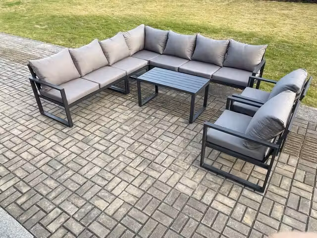 Fimous Modern L-Shape Aluminium Garden Lounge Corner Sofa Set with Oblong Coffee Table and Upholstered Cushions in Anthracite Grey