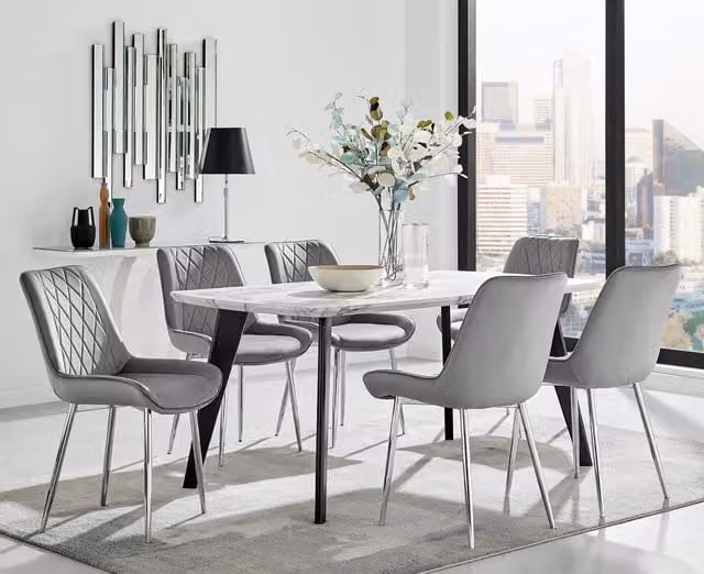 FurnitureboxUK Andria Marble Effect Dining Table with Black Legs and 6 Pesaro Grey Velvet Chairs with Silver Legs