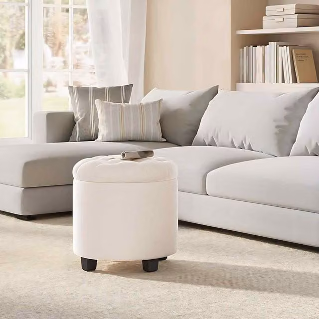 The Bazaarist Round Velvet Ottoman with Hidden Storage in Cream White, W/D/H: 45 x 45 x 45 cm