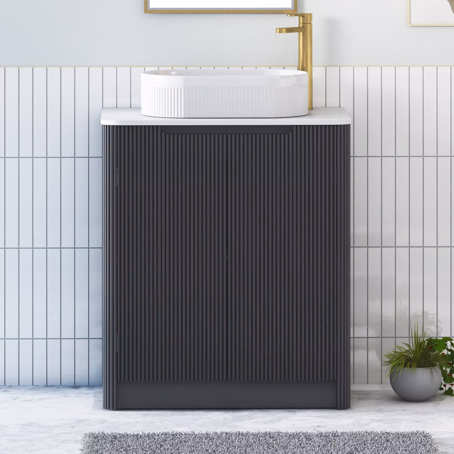 Royal Bathrooms Avenza 600mm Matt Obsidian Black Floor Standing 2 Door Vanity Unit with Plain White Worktop and Lyon Basin