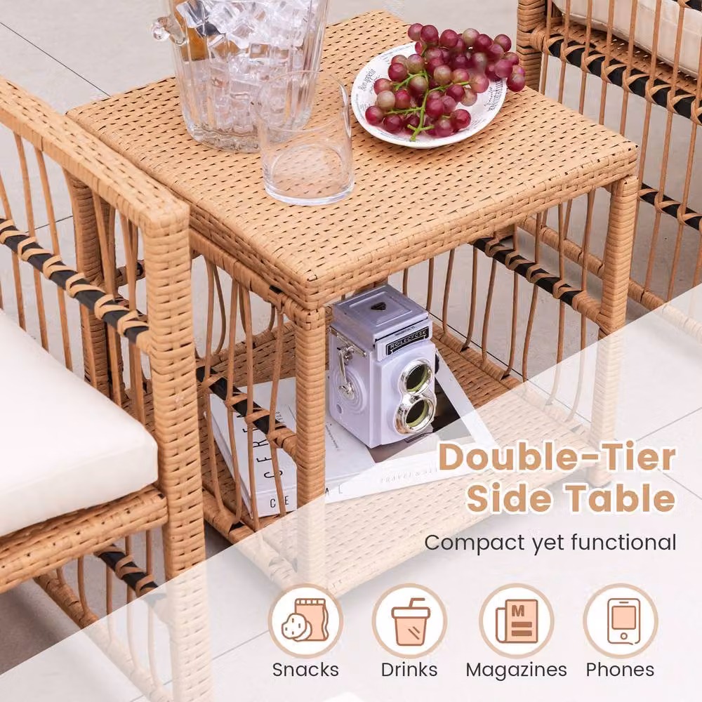 Gymax 5-Piece L-Shape Patio Wicker Sofa Set with Coffee Table and Ottomans in Beige – 3