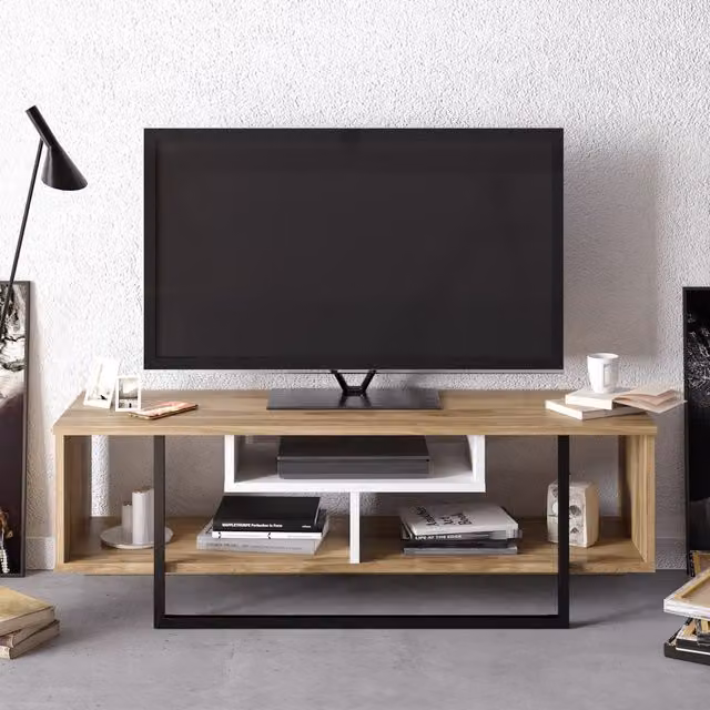 Decorotika Asal Minimalist TV Unit in Oud, White and Black, Width: 120 cm