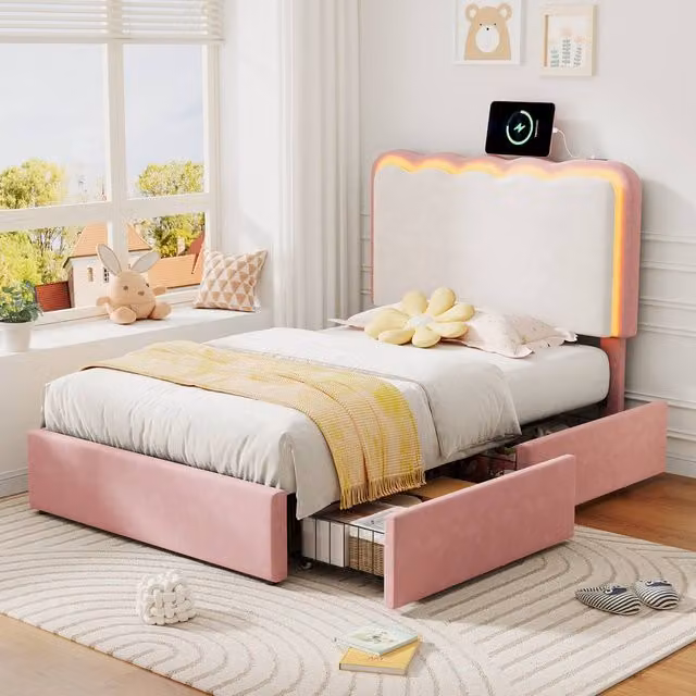 ModernLuxe Pink Velvet Upholstered Single Bed with LED Headboard, USB Charging Port, Reading Light and 2 Drawers, W/D/H: 100 x 200 x 107 cm
