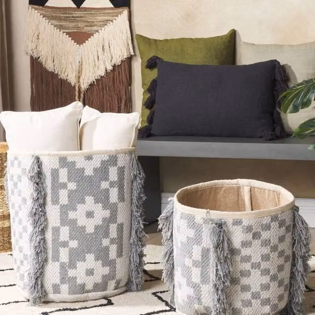 Wyld and Coco Set of 2 Open Weave Cotton Storage Baskets in White and Grey – 1