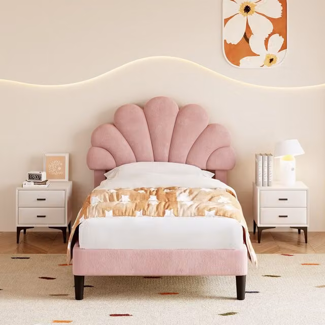 Matteo Single 3ft Pink Velvet Bed Frame with Adjustable Petal Headboard and Solid Wood Slats, W/D/H: 90 x 190 cm