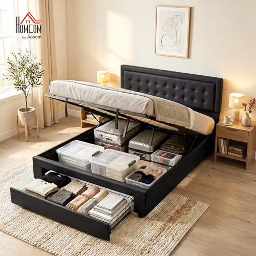 HOMCOM Upholstered Lift Up Ottoman Bed in Black, W/D/H: 150 x 200 x 95 cm – 3
