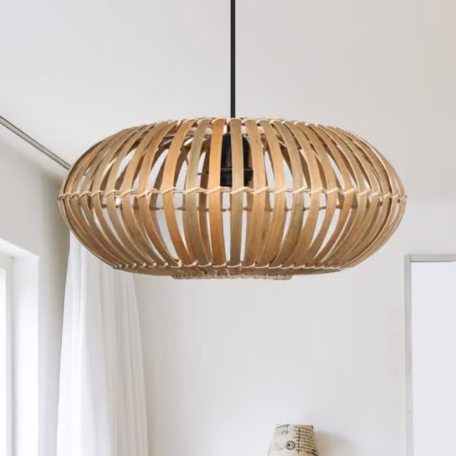 First Choice Lighting Loren Bamboo Natural Round Pendant Lightshade in Brown and Beige – 1