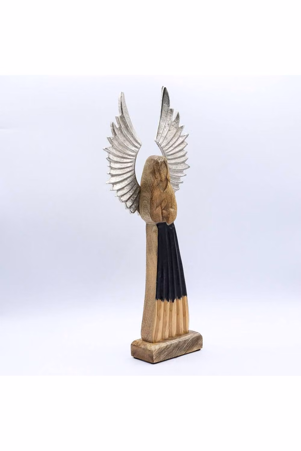 KDMD Large Mango Wood Guardian Angel Figurine with Metal Wings and Enamel Detail in Brown, Silver and Black, H: 40 cm, W: 17 cm, D: 17 cm – 2