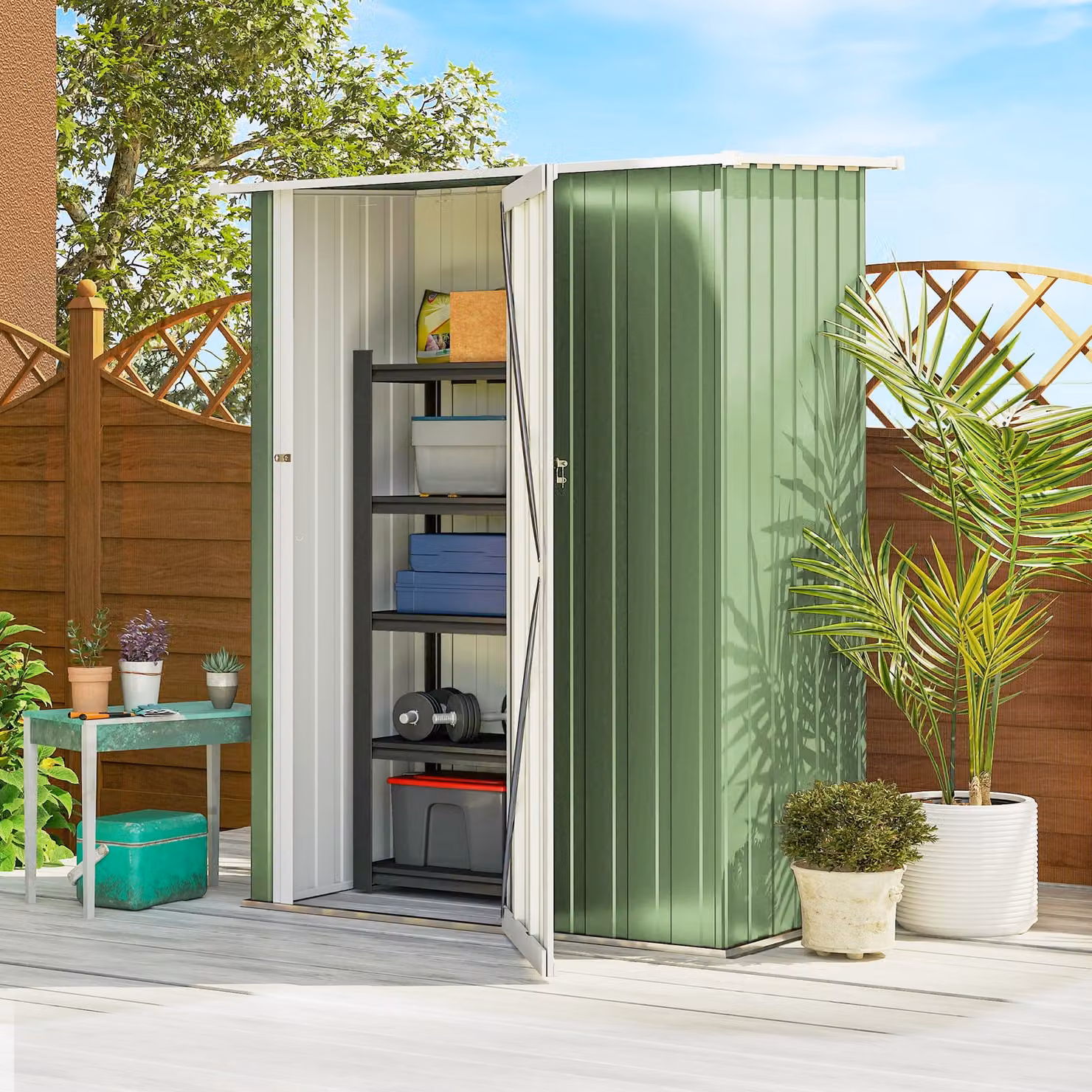 Outsunny Steel Tool Cabinet with Sloped Roof and Lockable Single Door, Green, W: 140 cm, D: 80 cm, H: 140 cm – 2