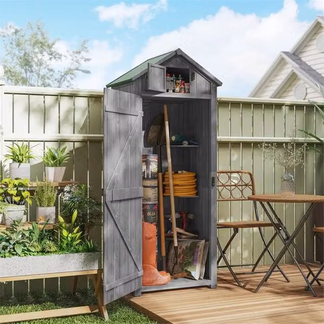 SPETLEK Grey Wooden Garden Storage Shed Tall Cabinet with Internal Shelving, H x W x D: 179 x 67 x 63 cm – 1