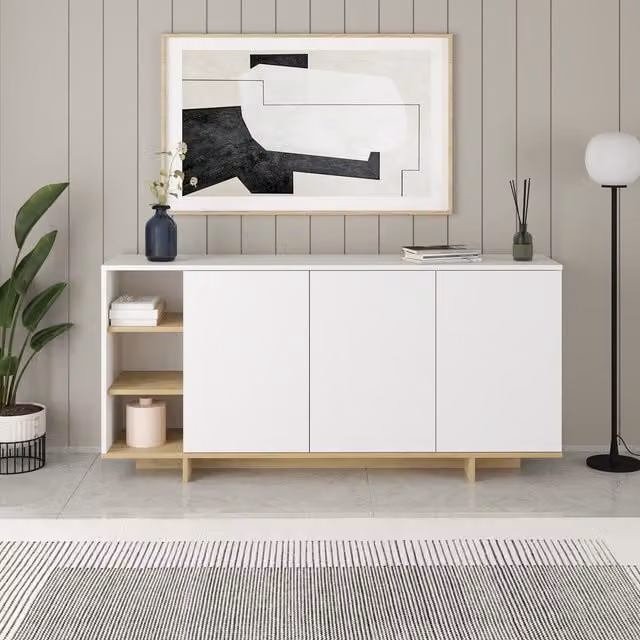 Decortie Modern White MDF Sideboard Storage Cabinet Unit with Open Shelves
