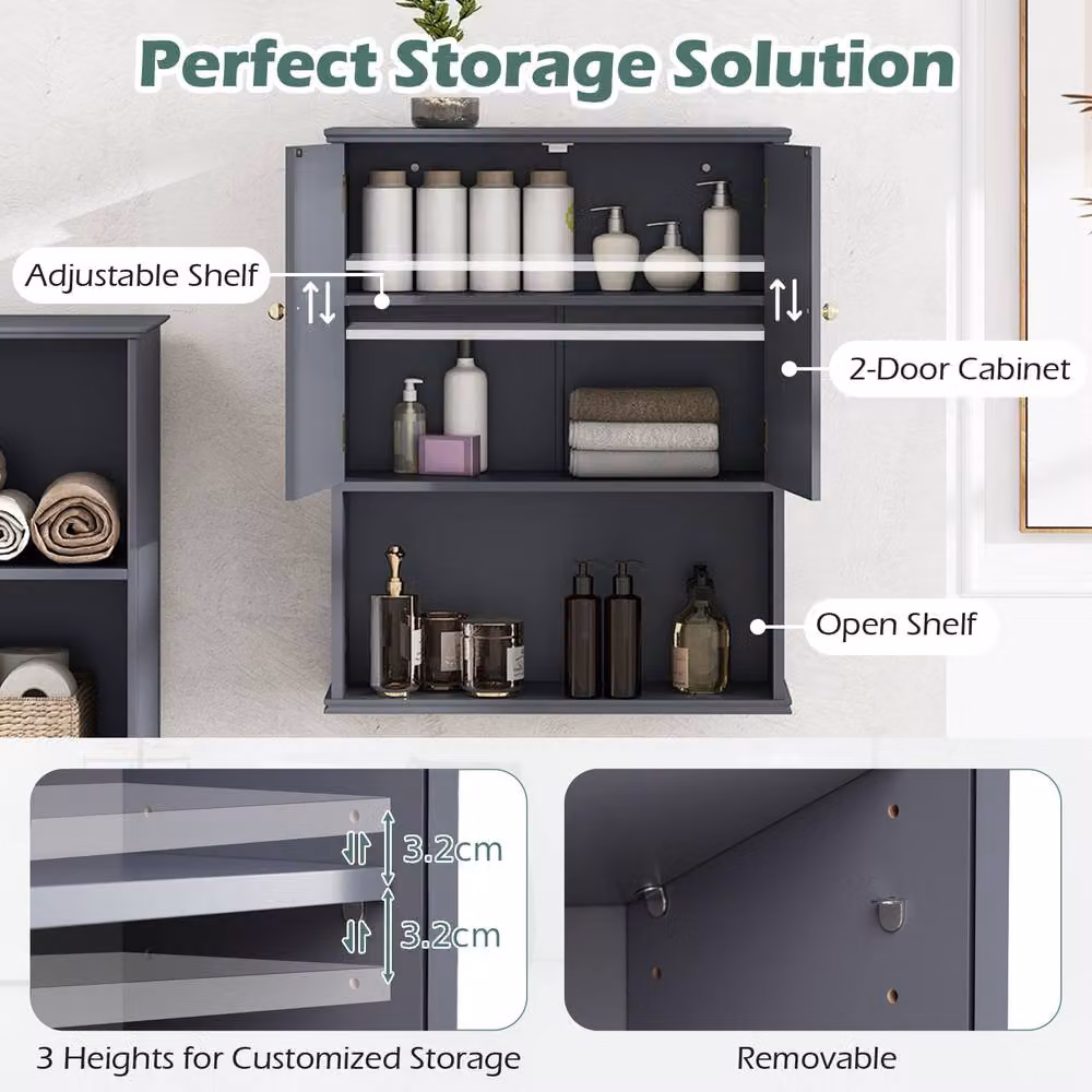 Costway Grey Wall Mounted 2-Door Bathroom Cabinet with Internal Shelves – 6