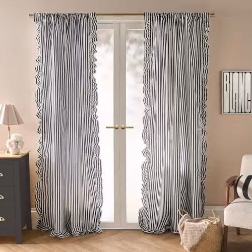 OHS Stripe Frill Voile Net Curtain Pair in Black and White, W/D/H: 140 x 140 x 220 cm – 1