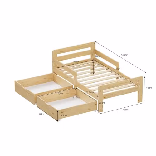 WestWood Solid Wood Montessori Toddler Bed Frame with Underbed Storage Drawer and Safety Rail in Natural Wood, 90 x 190 cm – 2