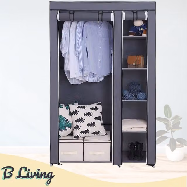 B Living Grey Temporary Canvas Fabric Wardrobe with Hanging Rod and Internal Shelves, Width: 39 cm