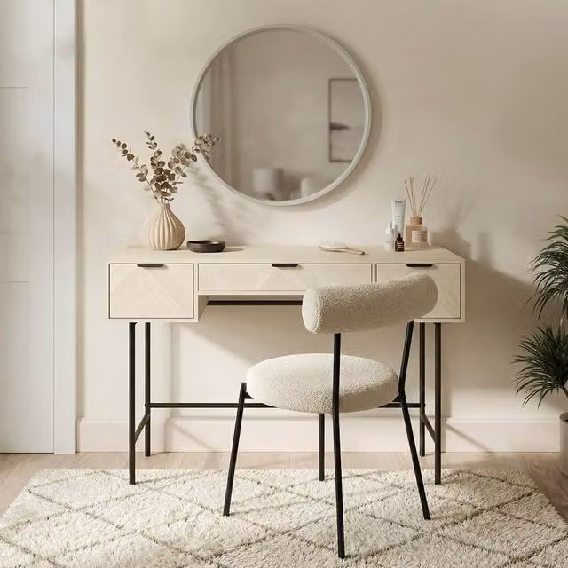 OHS Chevron Wood 3 Drawer Dressing Table and Vanity Makeup Desk in Beige