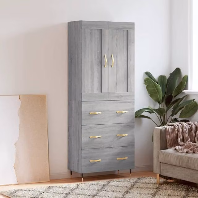 Berkfield Home Grey Sonoma Modern Highboard with Hinged Doors and Internal Shelves, W: 69.5 cm, D: 34 cm, H: 180 cm