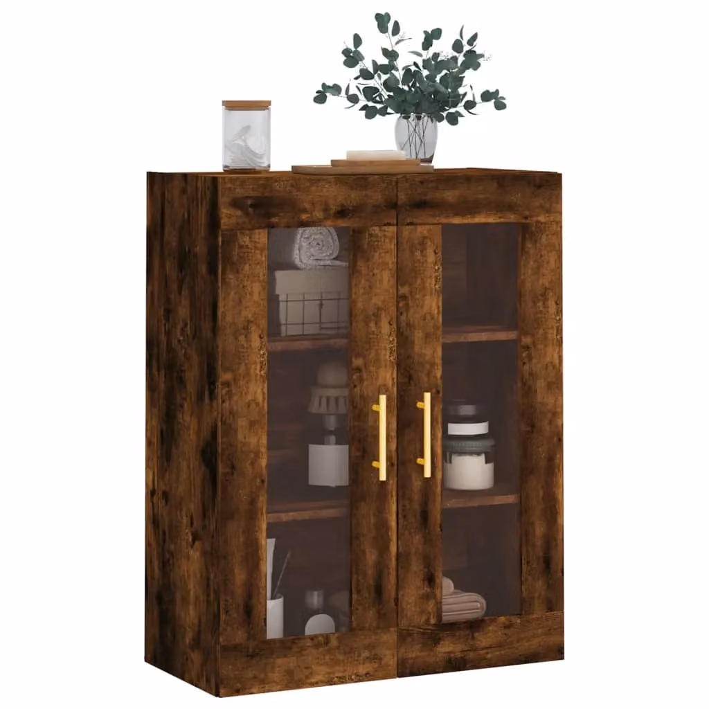 Berkfield Home Wall Mounted Smoked Oak Cabinet with Glass Doors in Brown, W/D/H: 69.5 x 34 x 90 cm – 4