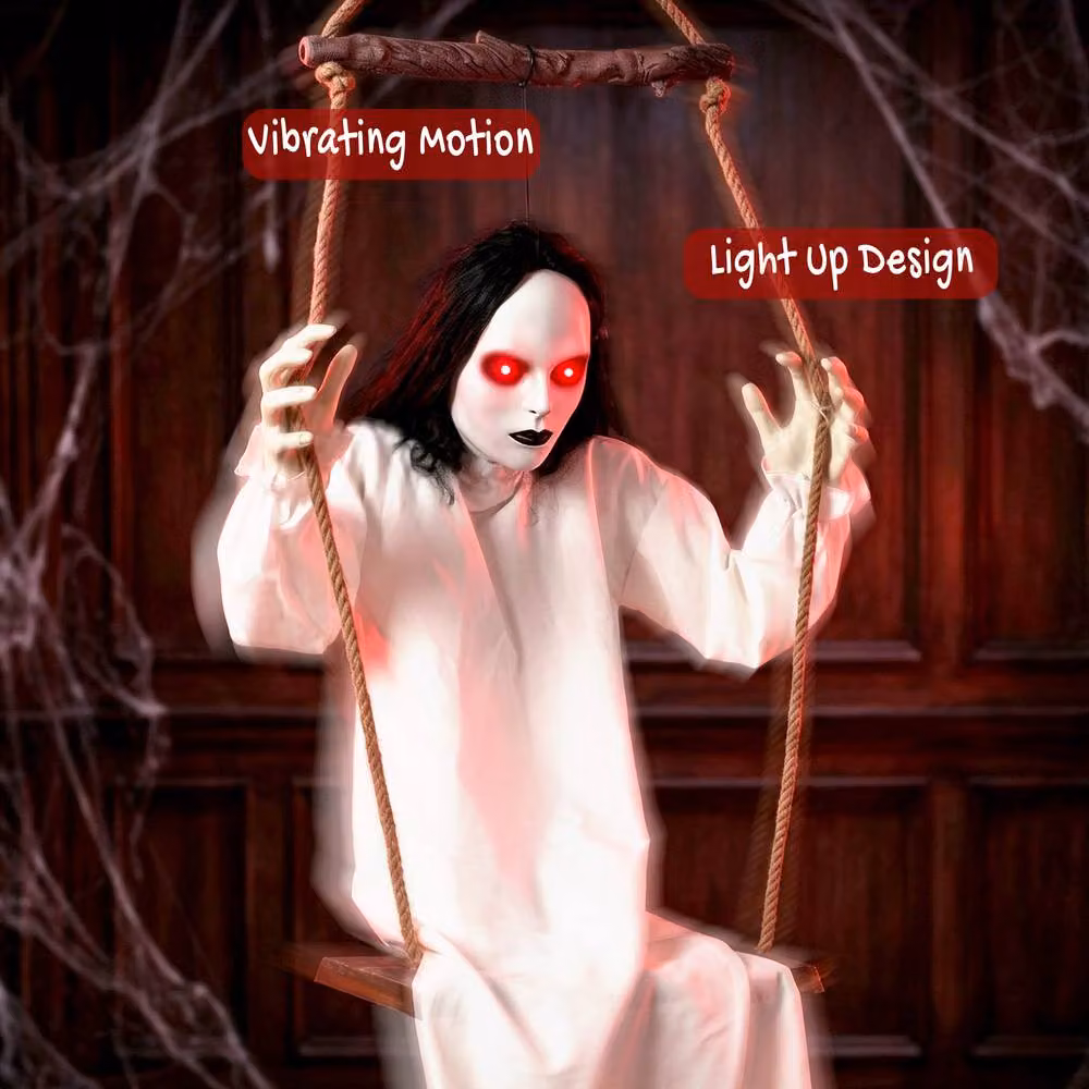 HOMCOM Animated Hanging White Swing Ghost Halloween Decoration with Glowing Red Eyes, Height: 170 cm – 4