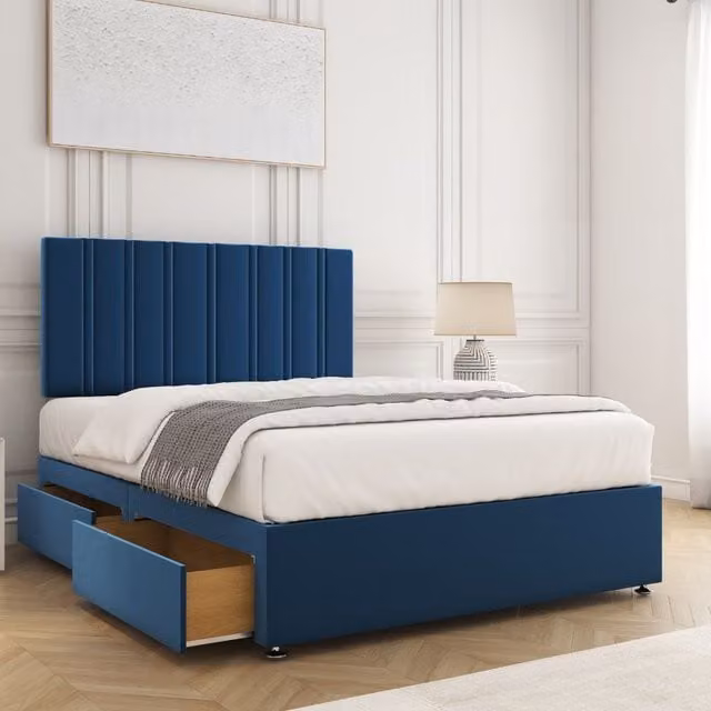 BSSPOKE Sienna Plush Velvet Divan Bed Set with 24 inch Headboard, 4 Drawers and Mattress in Blue, Super King, W/D/H: 200 x 200 cm