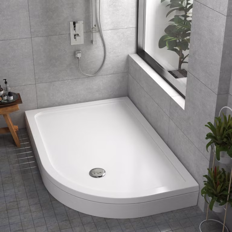 Apex Right Handed Offset Quadrant Stone Shower Tray with Riser Kit, White, W: 120 cm, D: 90 cm, H: 3 cm