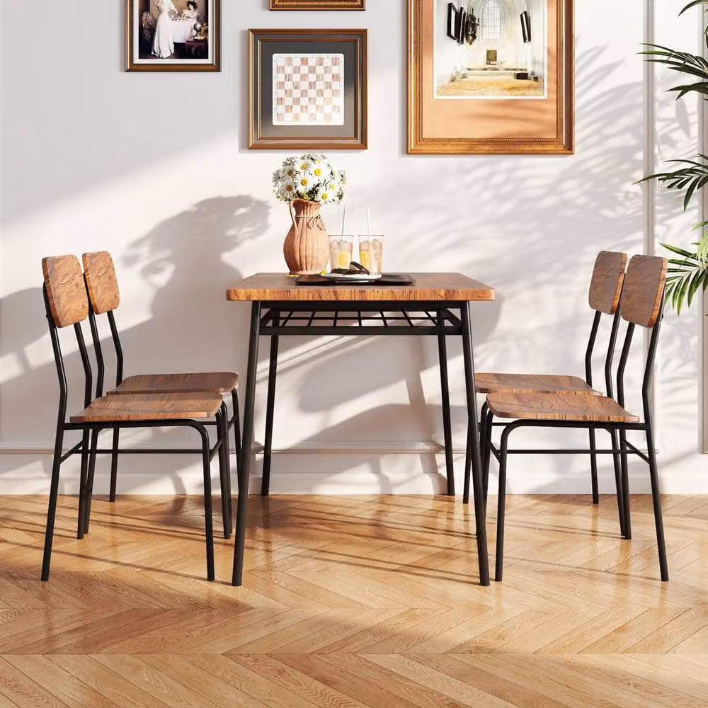 Gymax 5-Piece Industrial Dining Set with Rectangular Wood Table and 4 Chairs in Brown – 5