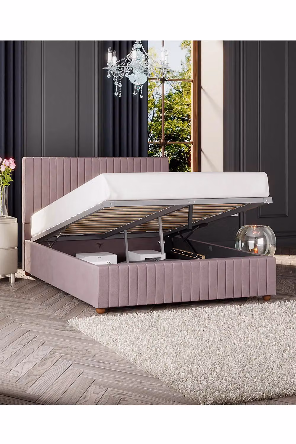 Laurence Llewelyn-Bowen Estella Ottoman Storage Bed in Pink Plush Velvet Fabric, King Size W/D/H: 180 x 200 cm – 2