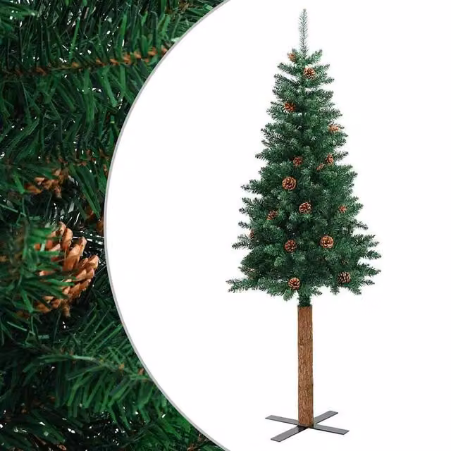 Berkfield Home Slim Green Christmas Tree with Real Wood and Cones, Height: 210 cm