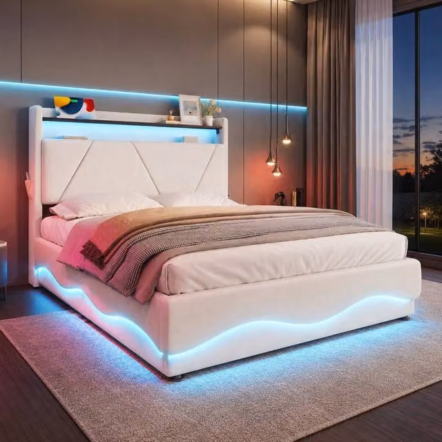 STILVORA Double Upholstered Velvet Bed in Beige with LED Under-Bed Lighting, USB Charging Ports and Lift-Up Storage Base, W/D/H: 140 x 200 cm – 1