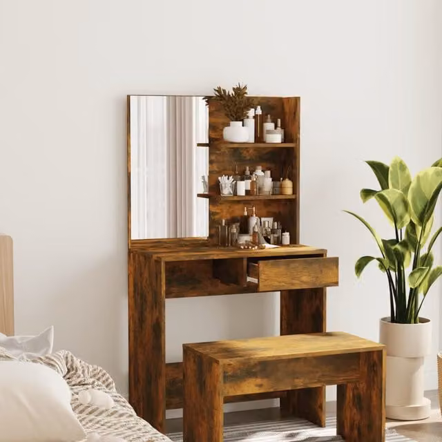 Berkfield Home Dressing Table with Mirror in Smoked Oak Brown, W: 74.5 cm, D: 40 cm, H: 141 cm
